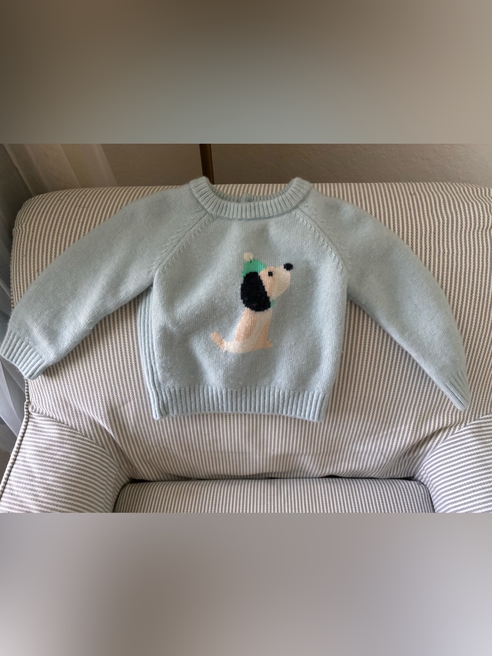 Light Sage Knit Sweater with Dog Intarsia